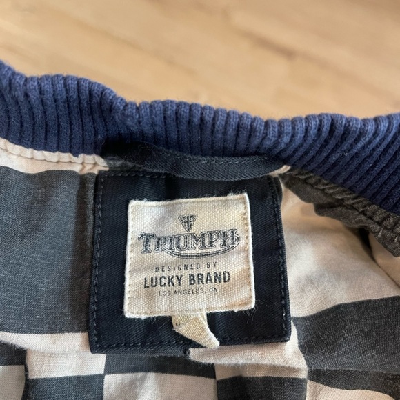 Mens Lucky Brand Triumph Black Blue Bomber Jacket Patches Medium Racing Flag - Picture 10 of 10